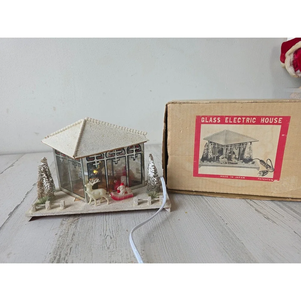 Antique glass electric house light up Santa Japan celluloid putz unique